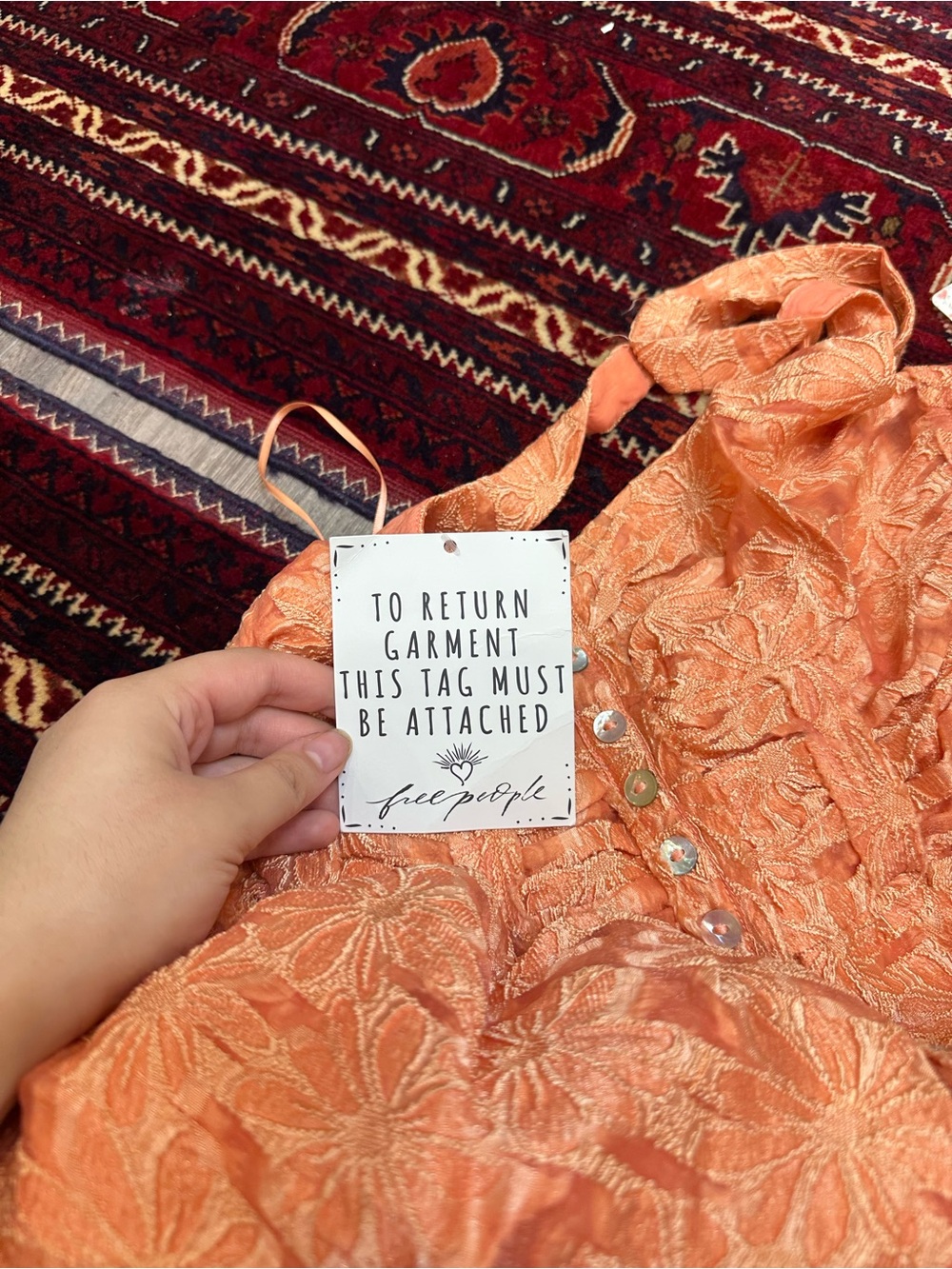 Free People Peach Lace Midi Dress with Button Front and Tie Straps - Picture 3 of 4